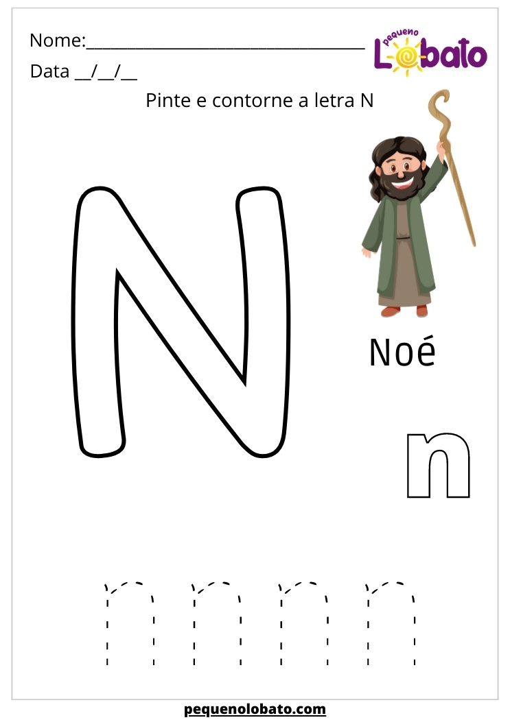 atividade bíblica para pintar e contornar a letra N de Noé