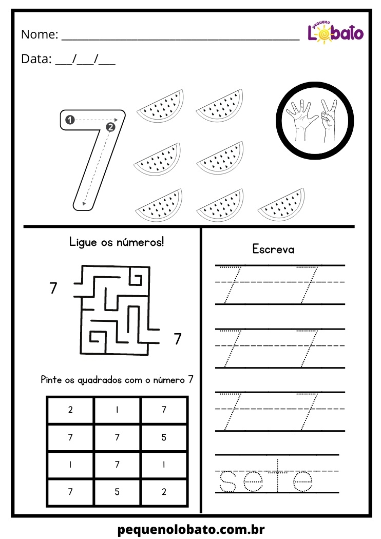 atividade de labirinto com número, escrita, pintar e fruta