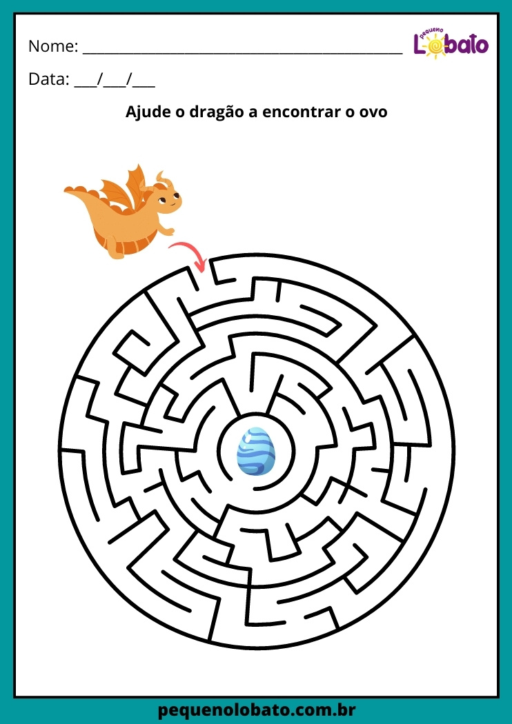 atividade de labirinto redondo com dragão e ovo