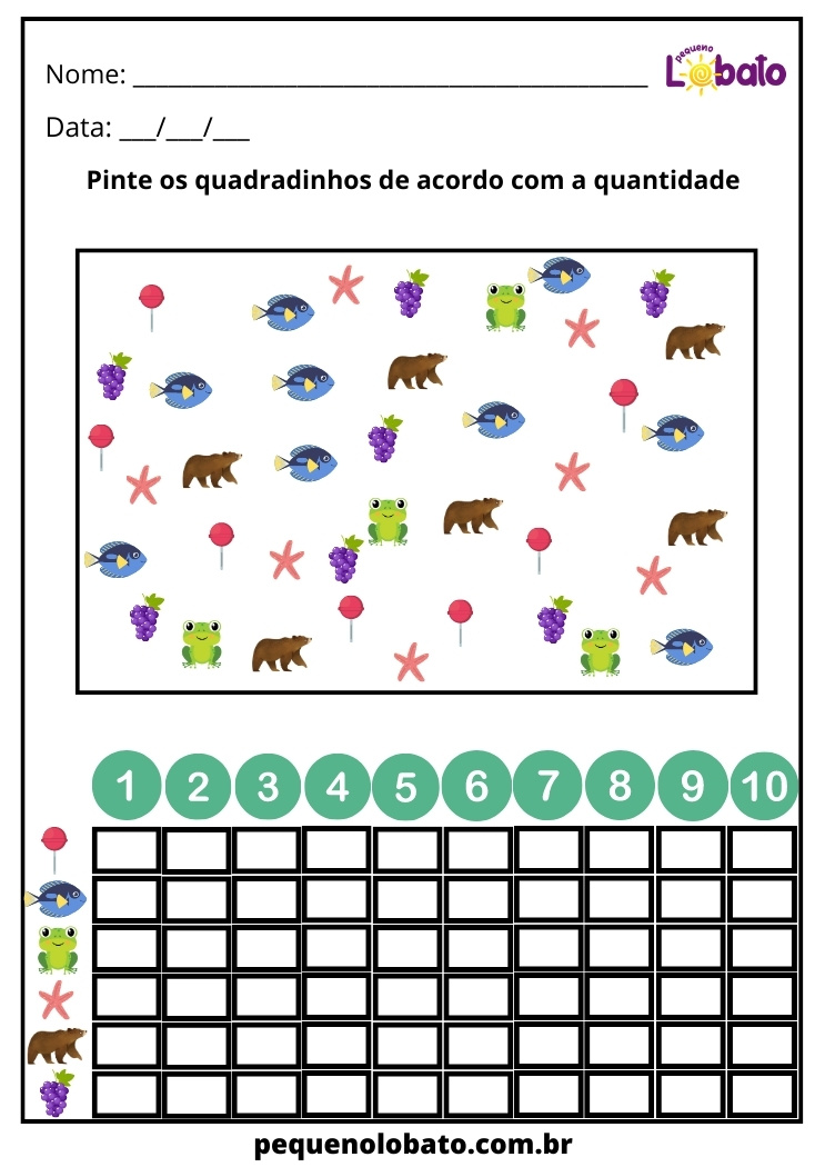 atividade de quantidade com animais para pintar os quadradinhos