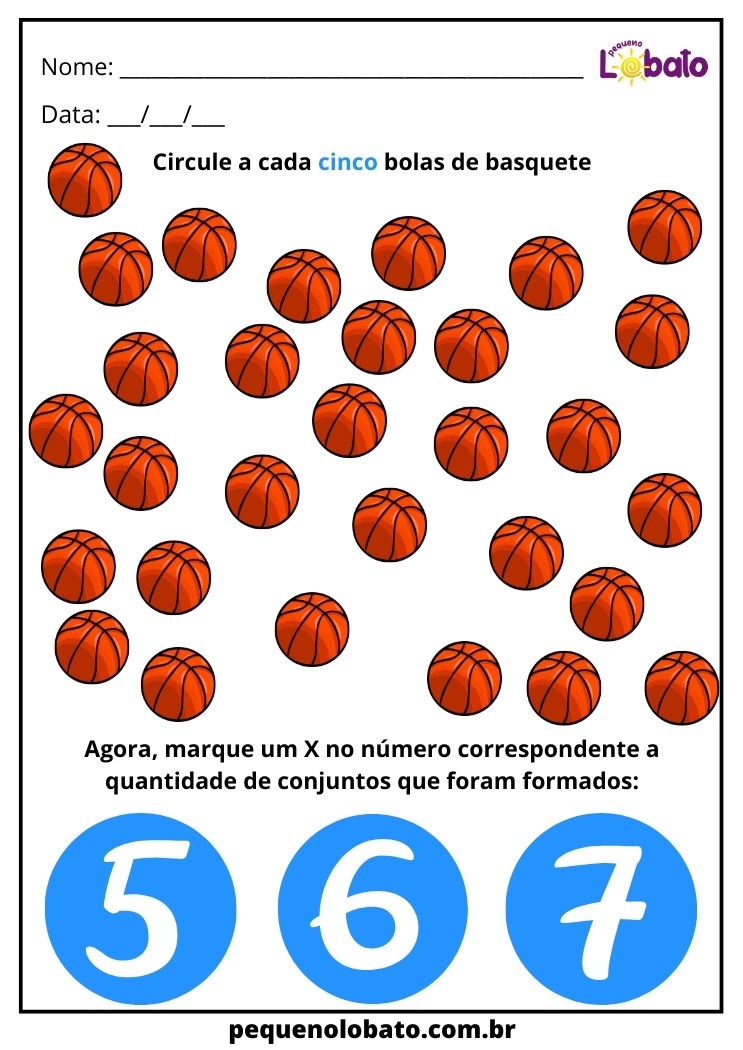 atividade de quantidade com bolas de basquete para circular