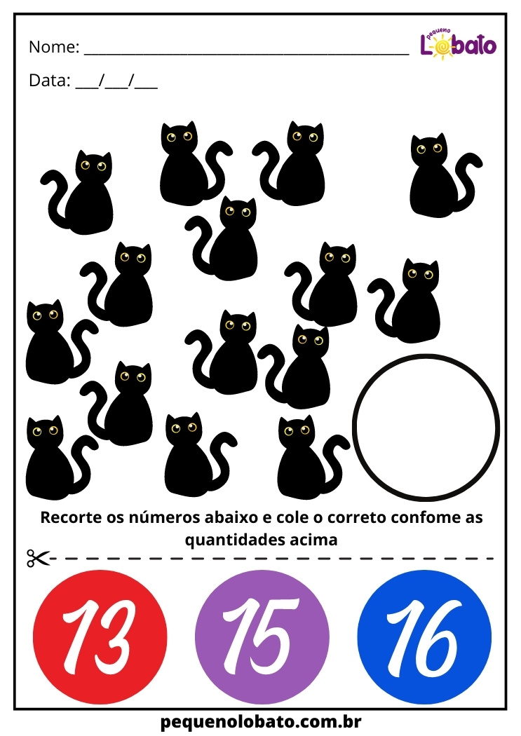 atividade de quantidade com gatos pretos para recortar e colar