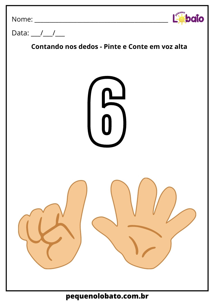 Atividade contando nos dedos número 6 Para Alunos Com Dislexia Para Imprimir