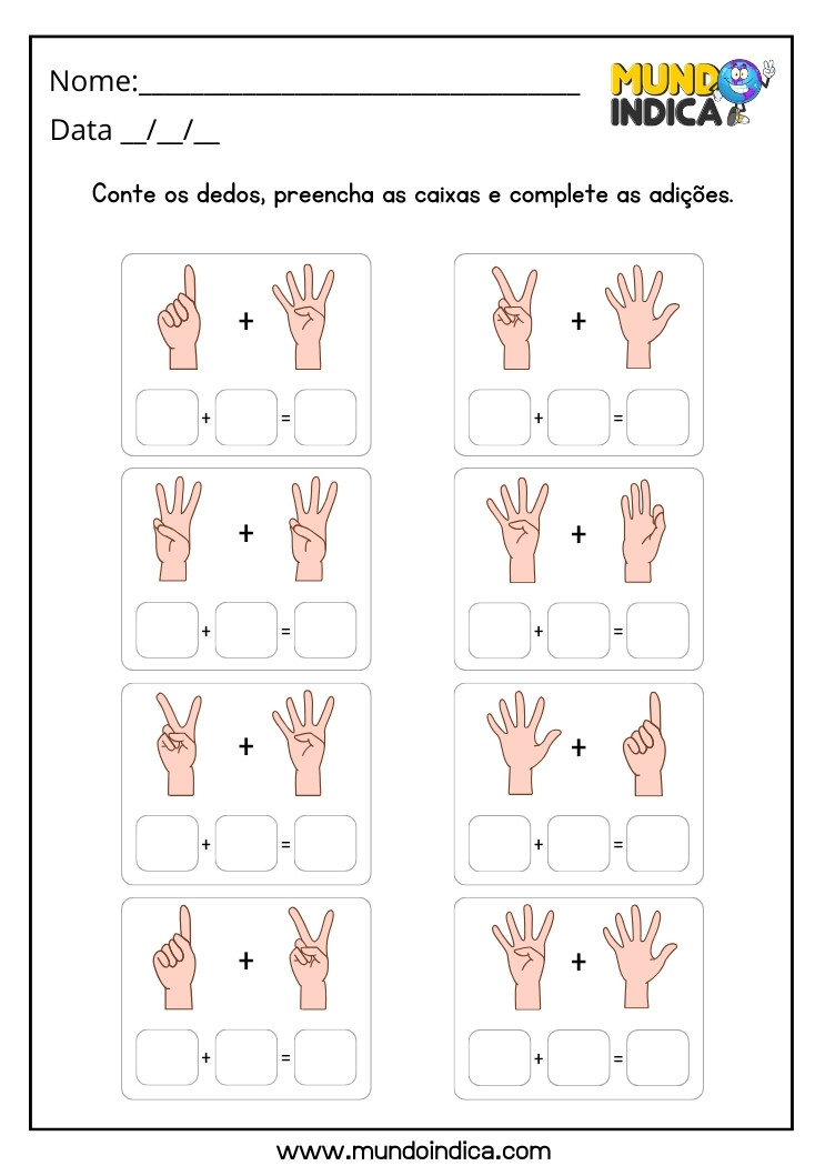 Atividade de Matemática para Alunos com TDAH Conte os Dedos e Complete as Adições para Imprimir