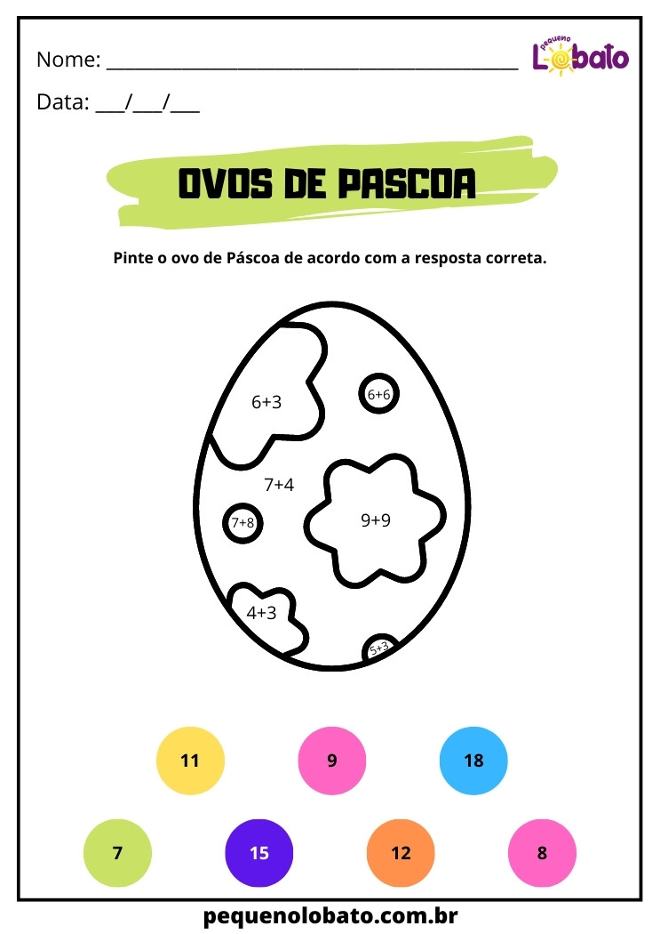 Atividade de Matemática para colorir o ovo de páscoa com a cor da resposta correta para Alunos com Dislexia para imprimir