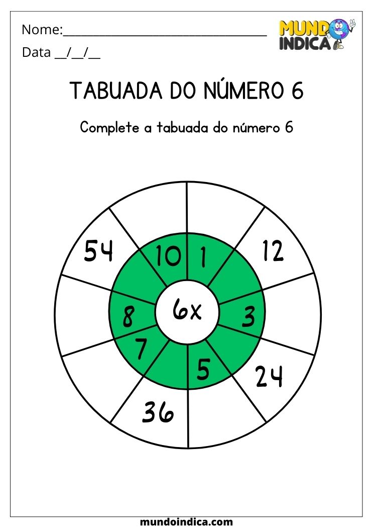 Atividade de multiplicação com a tabuada do número 6 para imprimir