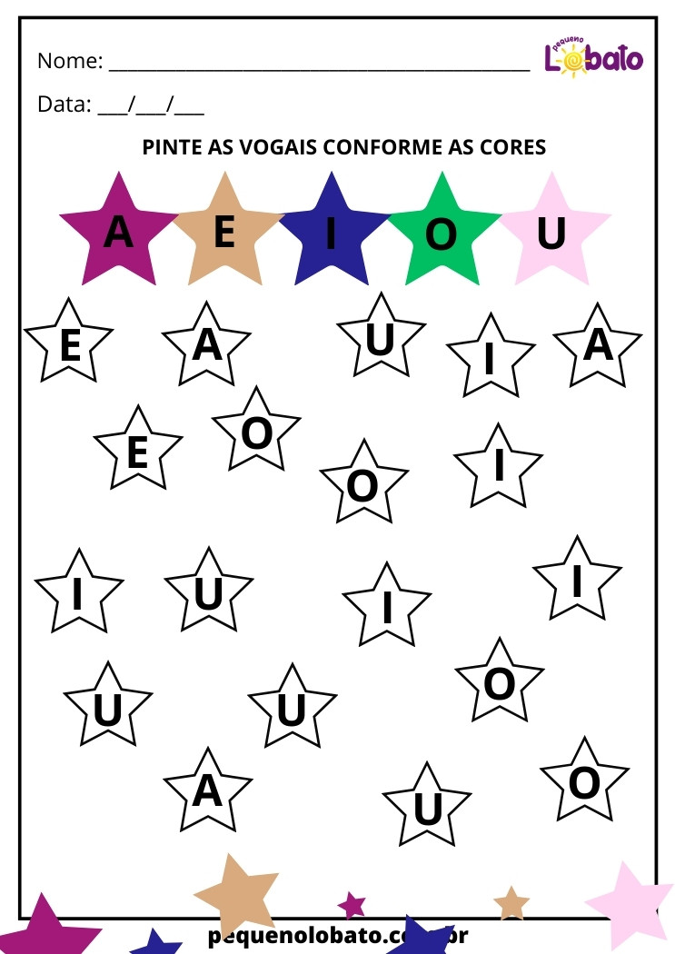 Atividade pinte as estrelas conforme as cores indicadas nas vogais para imprimir