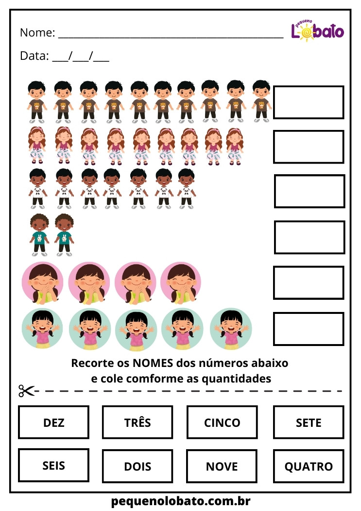 Atividade recorte e cole conforme as quantidades Para Alunos Com Dislexia Para Imprimir