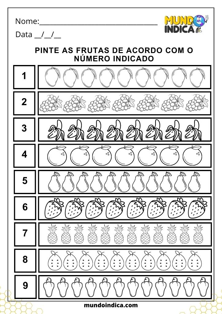 Atividade com Números - pinte as frutas de acordo com o número indicado para Imprimir