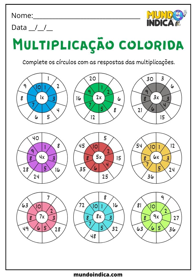 Atividades de multiplicação colorida para imprimir