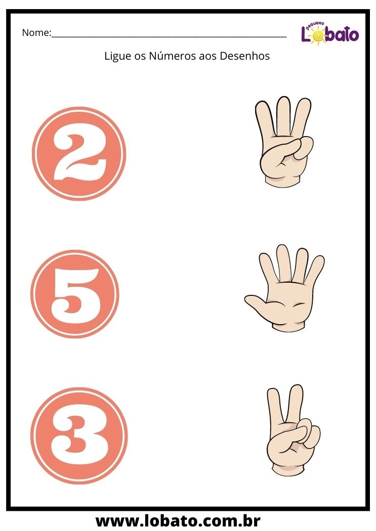 atividade infantil de ligar os círculos com números aos dedos mostrados ao lado
