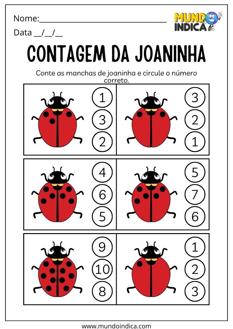 Atividade de Matemática para Educação Infantil com Contagem das Manchas da Joaninha e Marcação do Numeral Correto