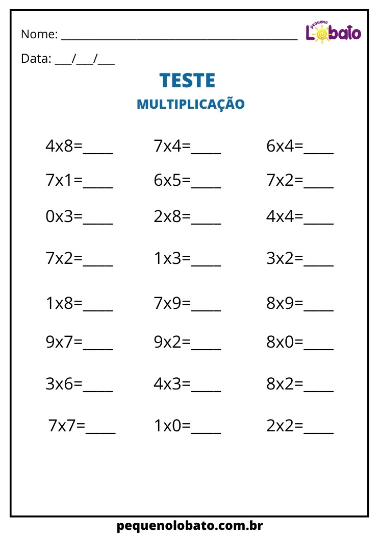 atividades de matemática 2 ano teste multiplicação para imprimir