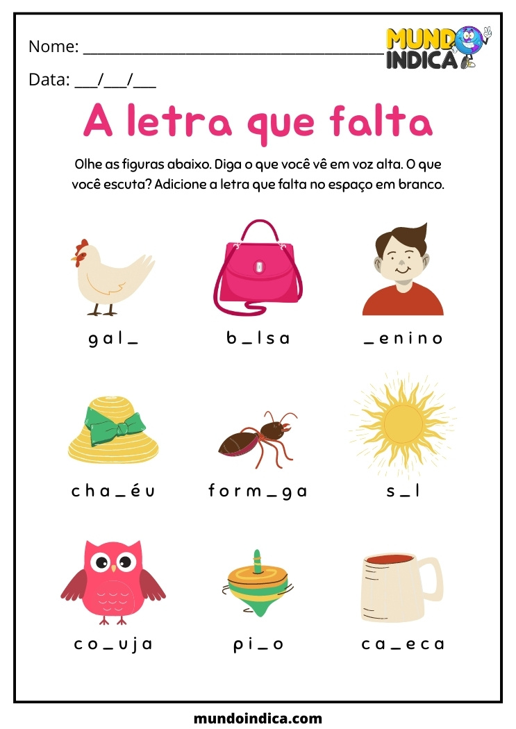 atividade de português para completar a letra que falta para alunos com síndrome de down