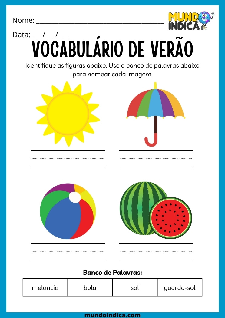 atividade de português vocabulário de verão