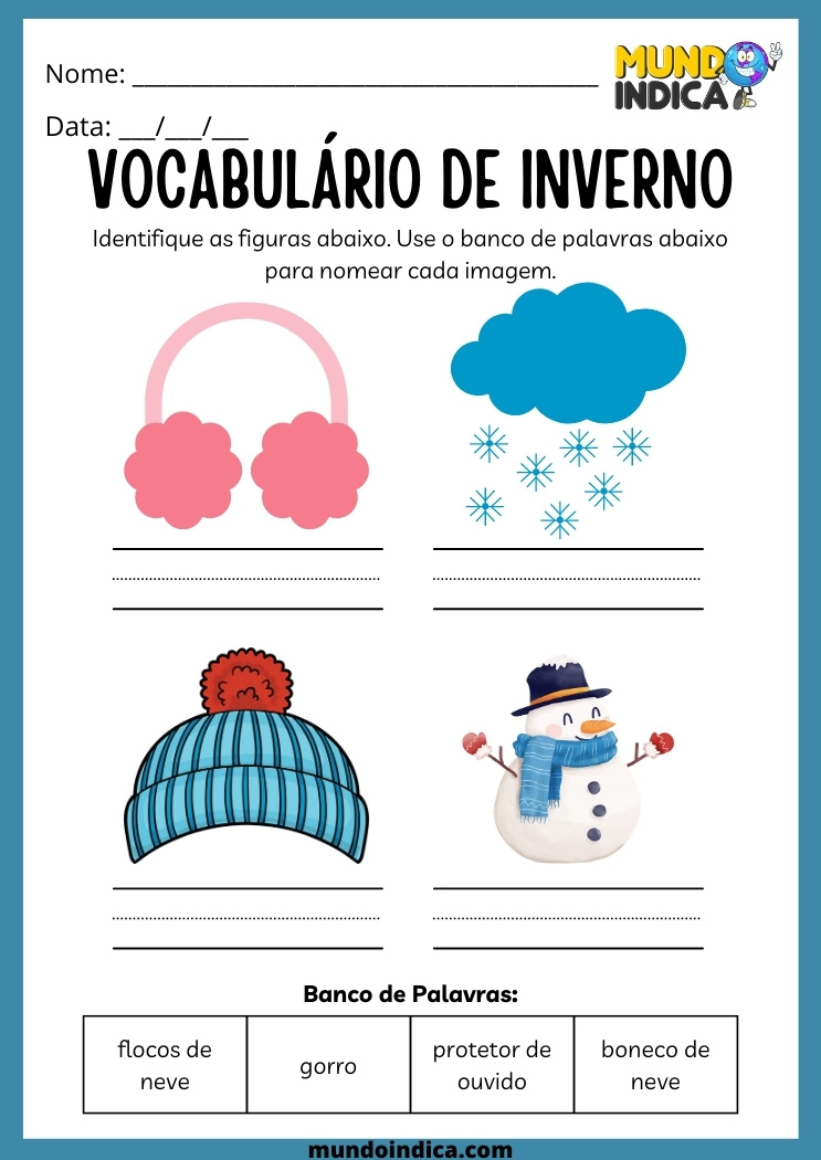 atividade de vocabulário de inverno para alunos com dislexia