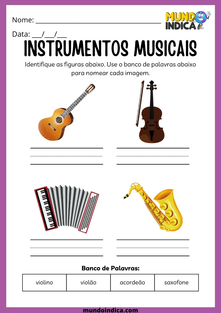 atividade de vocabulário dos instrumentos musicais