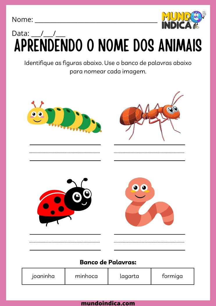 atividade para aprender o nome dos animais para alunos com dislexia