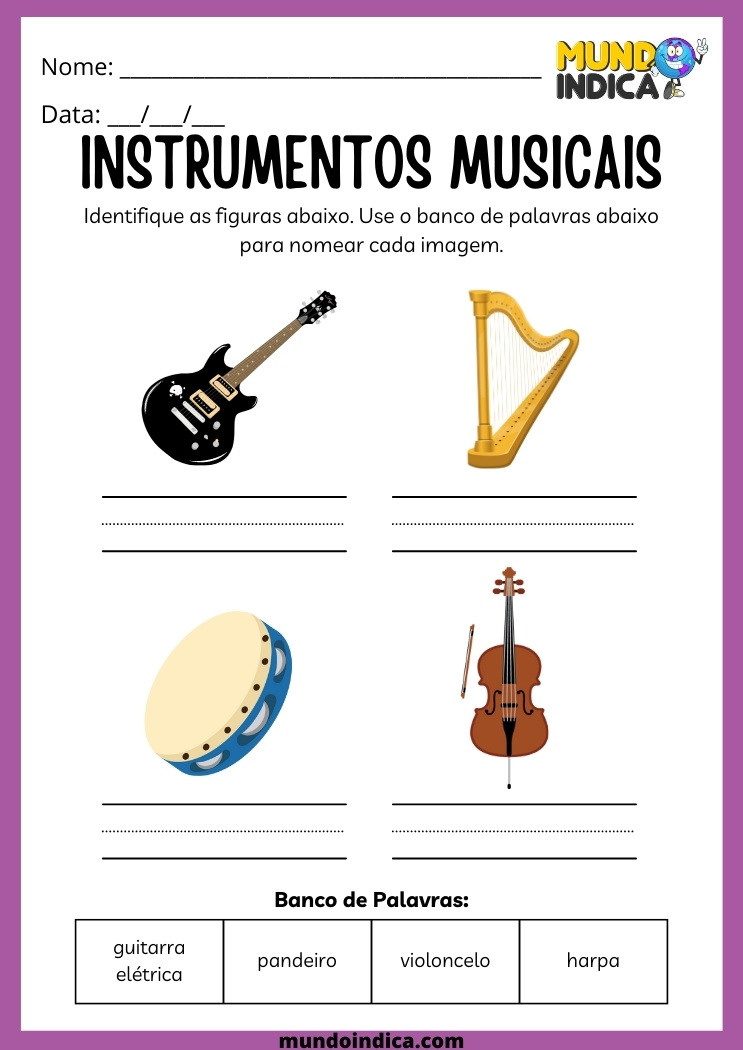 atividade para aprender o nome dos instrumentos musiciais para alunos com tdah