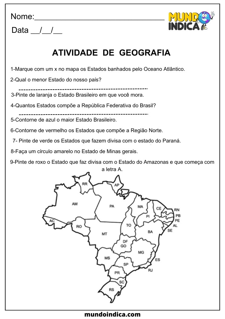 Atividade de Geografia sobre os Estados do Brasil para Imprimir