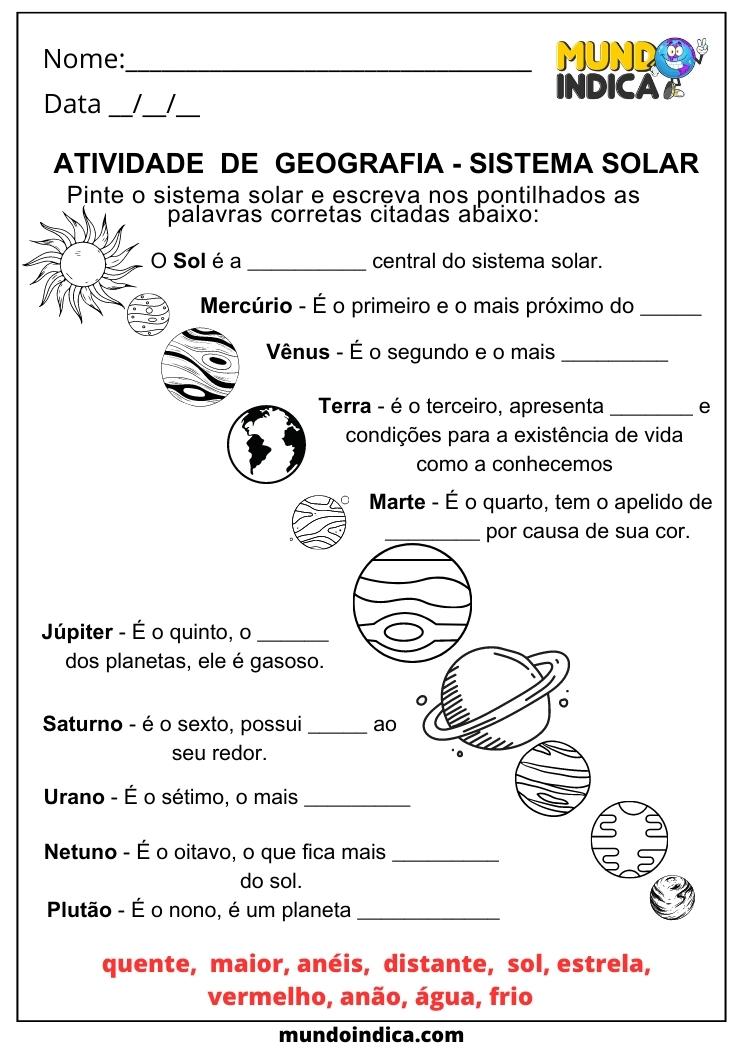 atividade de geografia para educação infantil e especial - Sistema Solar