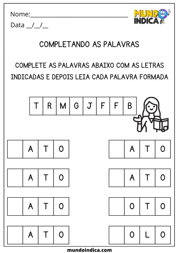 Atividade de Português 1 ano completando as palavras