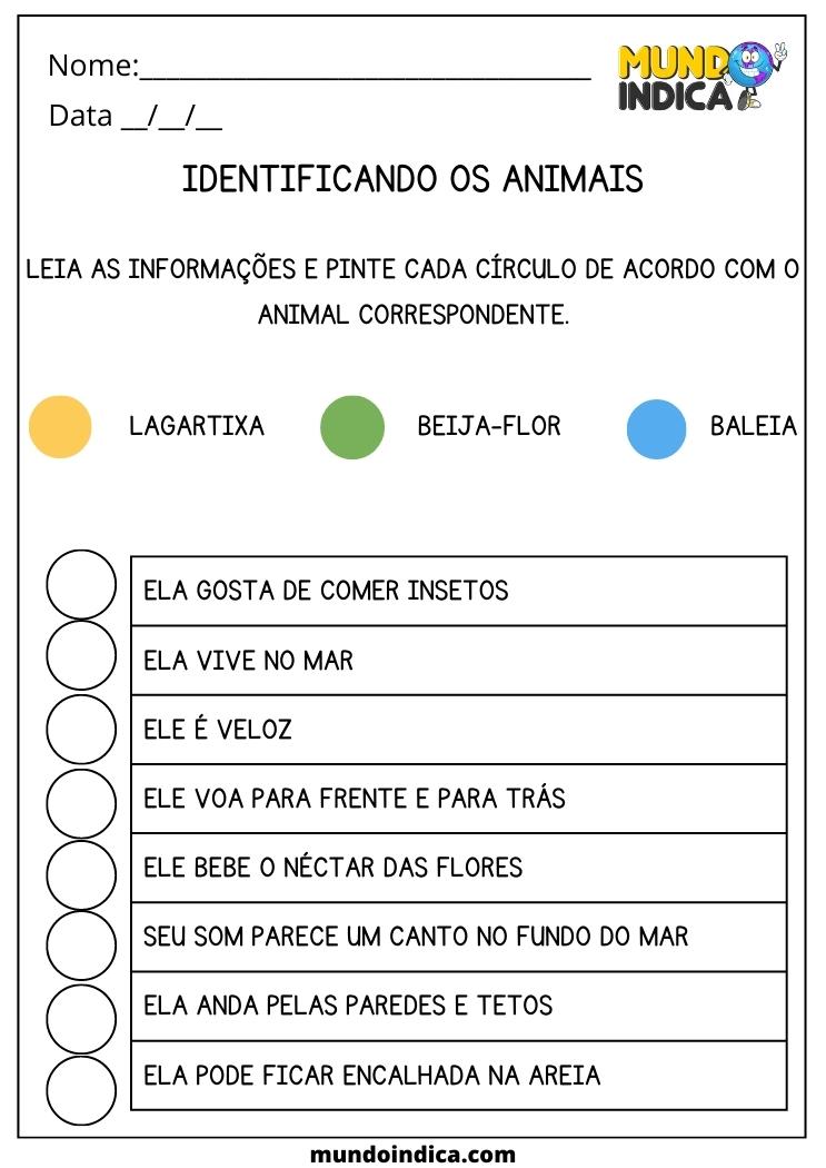 Atividade de Português 1 ano identificando os animais