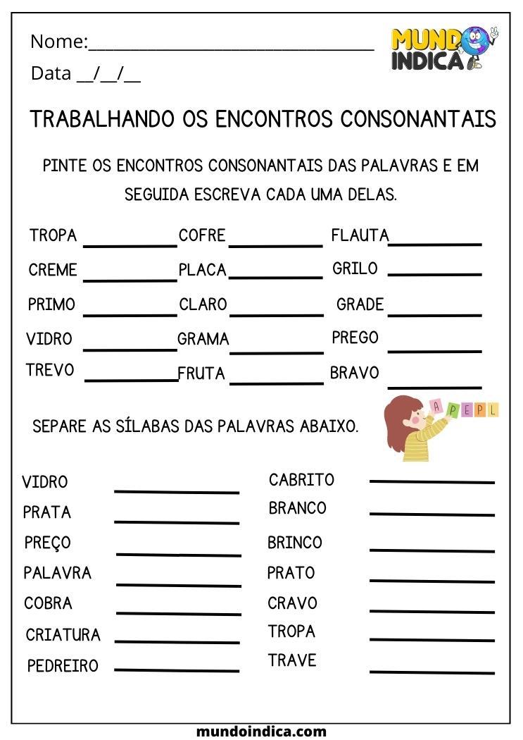 Atividade de Português 2 ano trabalhando os encontros consonantais