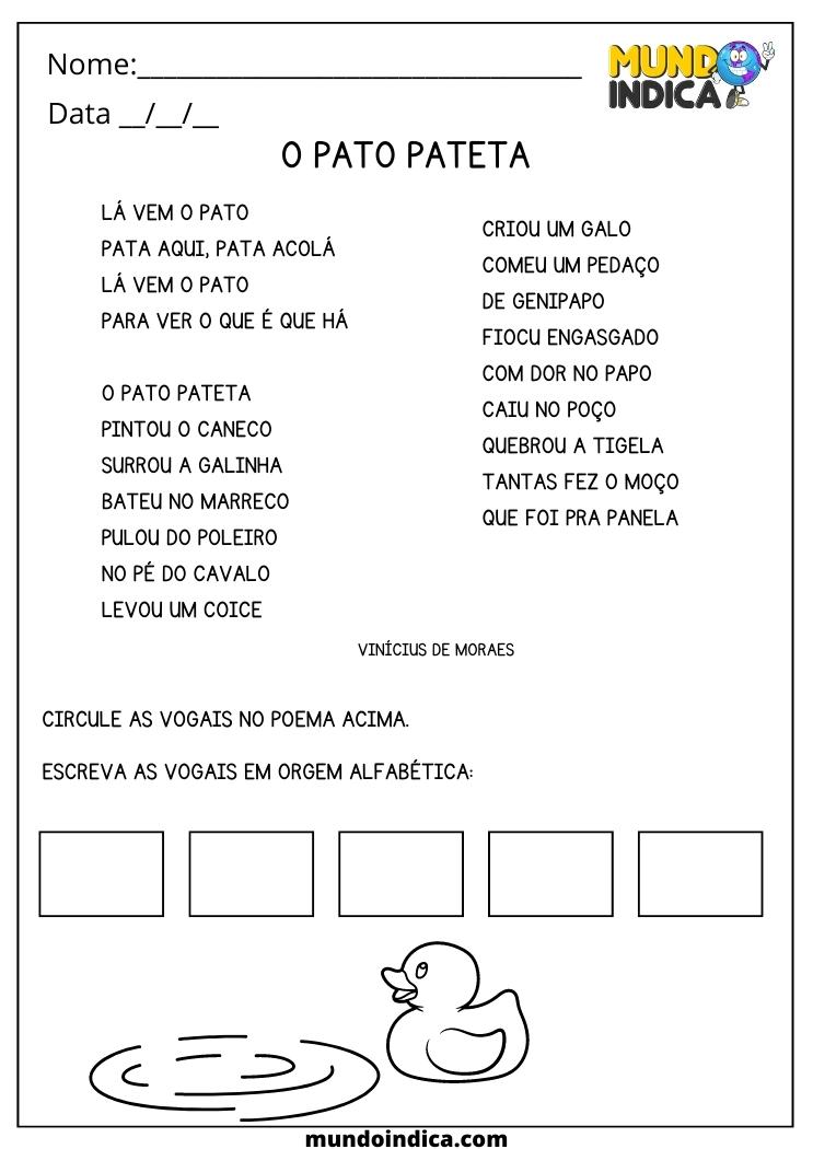 Atividade de Português 3 ano circule as vogais no poema acima