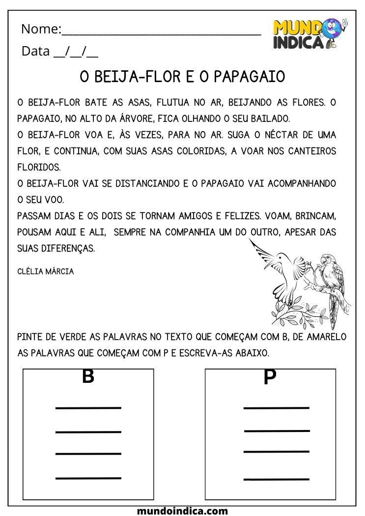 atividade de português 4 ano encontre palavras no texto do beija-flor e o papagaio