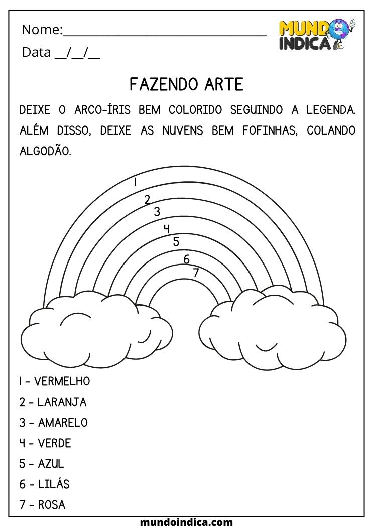 Atividade de Artes para Colorir o Arco-Íris Conforme a Legenda e Colar Algodão nas Nuvens