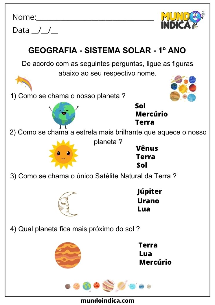 Atividade de Geografia Sistema Solar para 1 ano para imprimir
