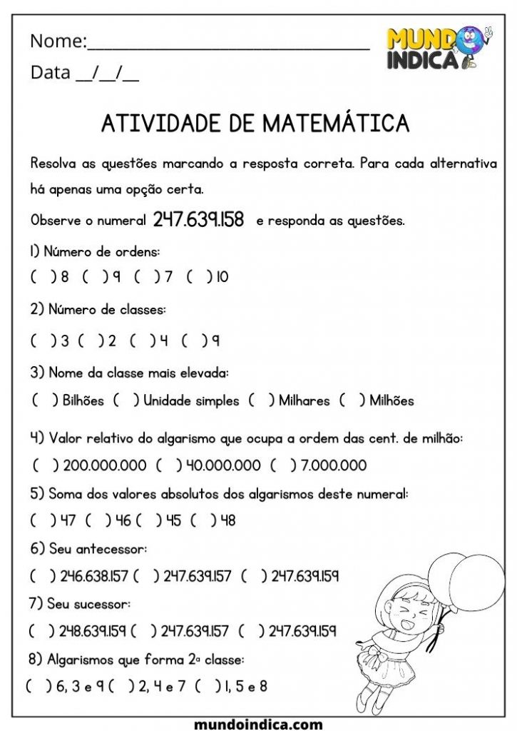 Atividade de Matemática 5 ano questões