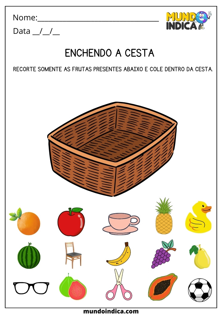 Atividade para alunos com TOD recorte e cole as frutas dentro da cesta