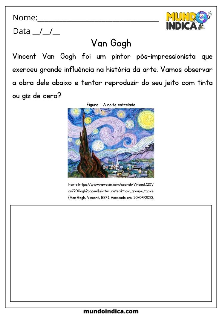 Atividade de Artes 5 ano Para Reproduzir a Obra A Noite Estrelada de Vincent Van Gogh para Imprimir