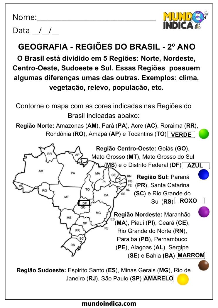 Atividade de Geografia 5 Regiões do Brasil para 2 ano do Ensino Fundamental