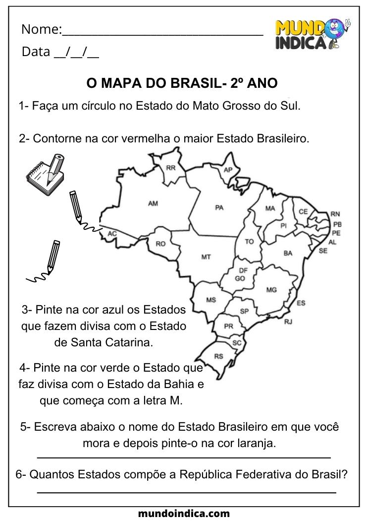 Atividade de Geografia Mapa do Brasil para 2 ano para colorir e imprimir