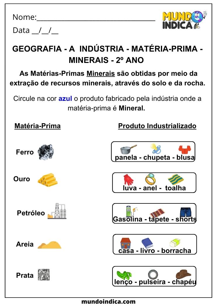 Atividade de Geografia Matéria-Prima Minerais para 2 ano para imprimir