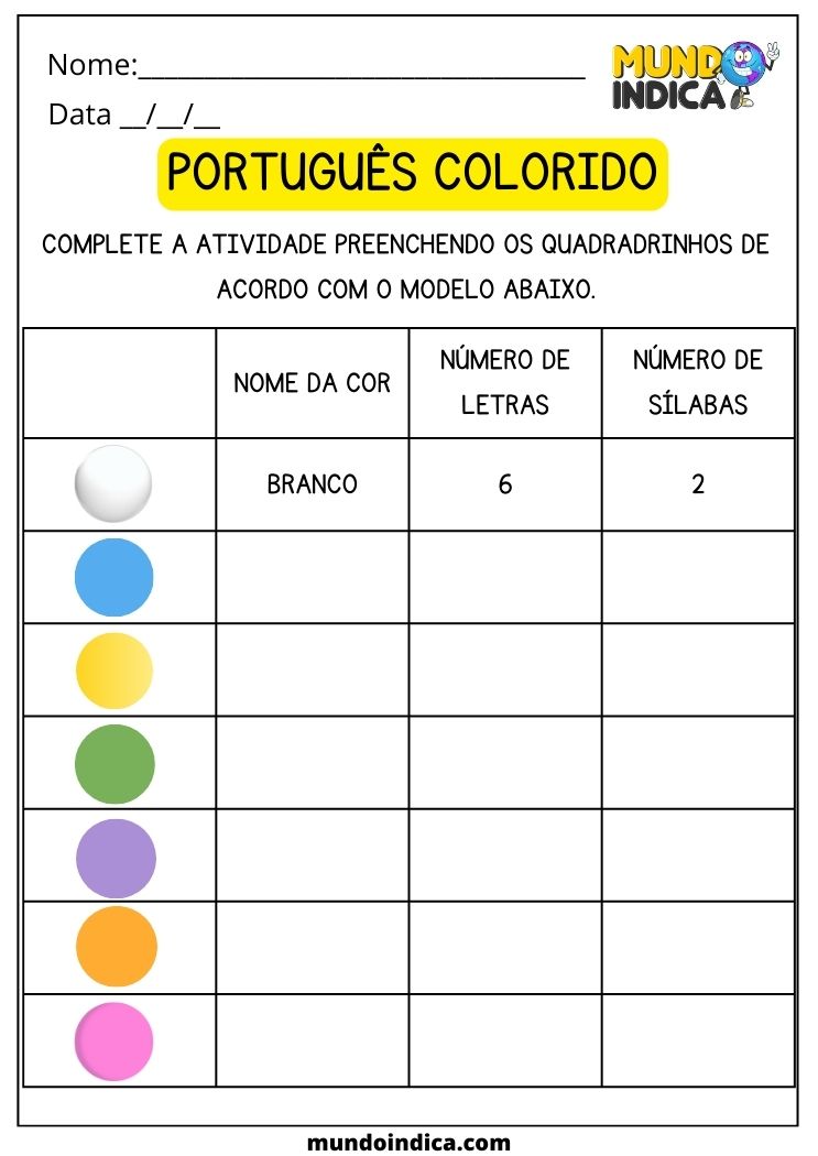Atividade de português para alunos com autismo com cores para imprimir