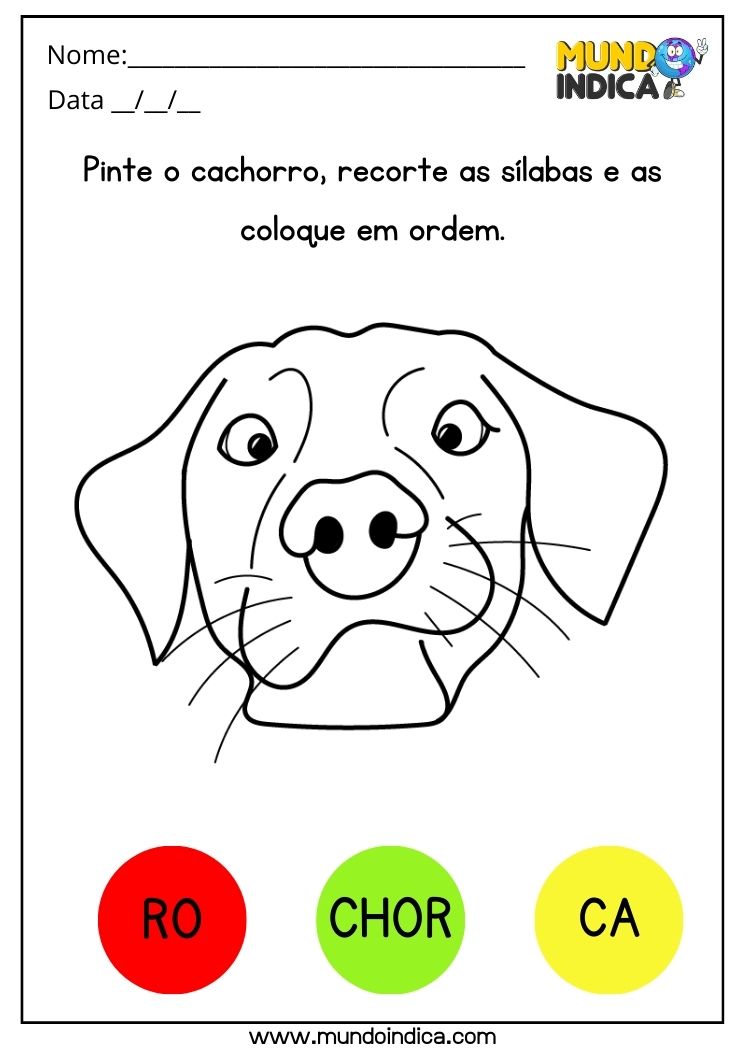 Atividade de português para alunos com autismo sobre sílabas e cores com cachorro para imprimir