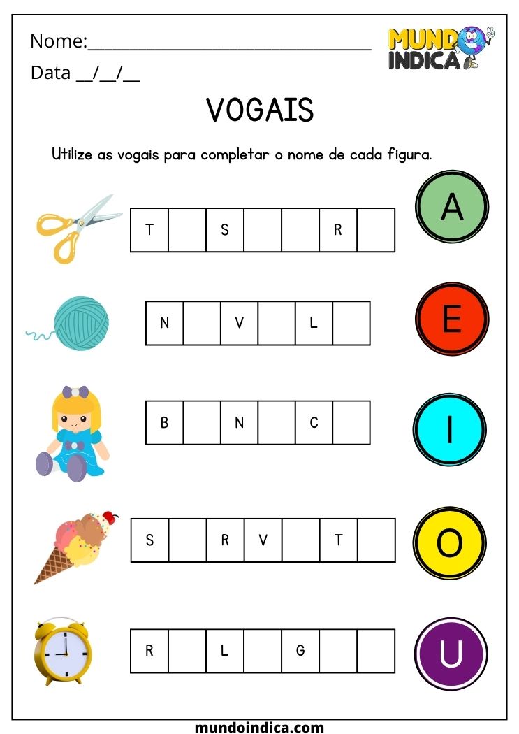 Atividade de português para alunos com autismo sobre vogais para imprimir