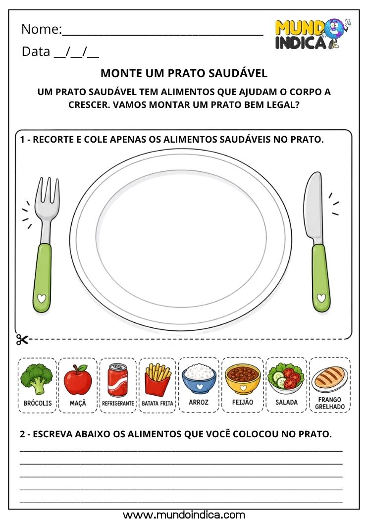 Atividade Lúdica de Alimentação Saudável para Educação Infantil com Recorte e Colagem para Montar um Prato Saudável