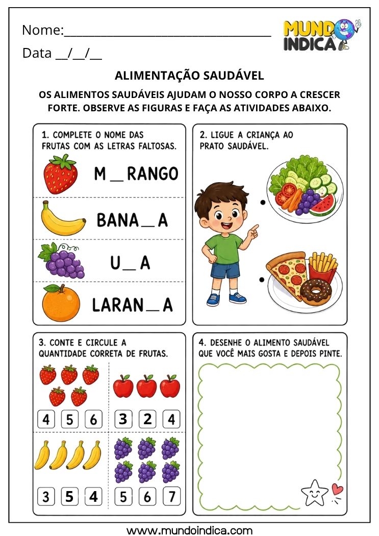 Atividade de Alimentação Saudável com Letras Faltosas, Contagem e Desenho para Educação Infantil para Imprimir