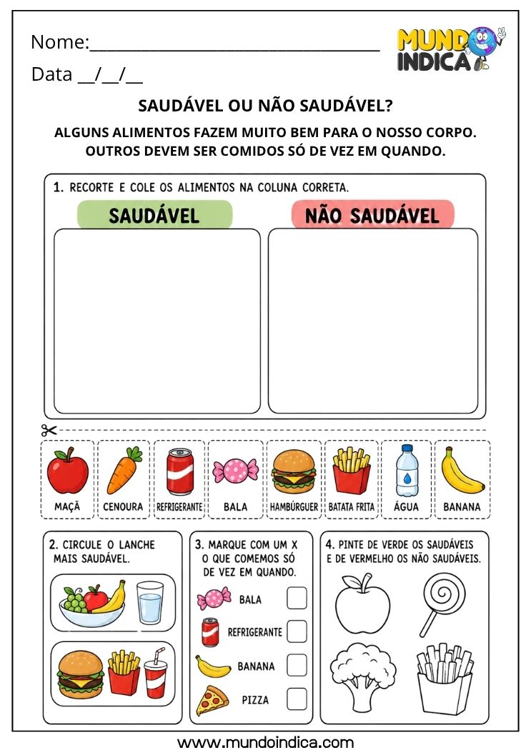 Atividade de Alimentação Saudável para Educação Infantil com Alimentos Saudáveis e Não Saudáveis