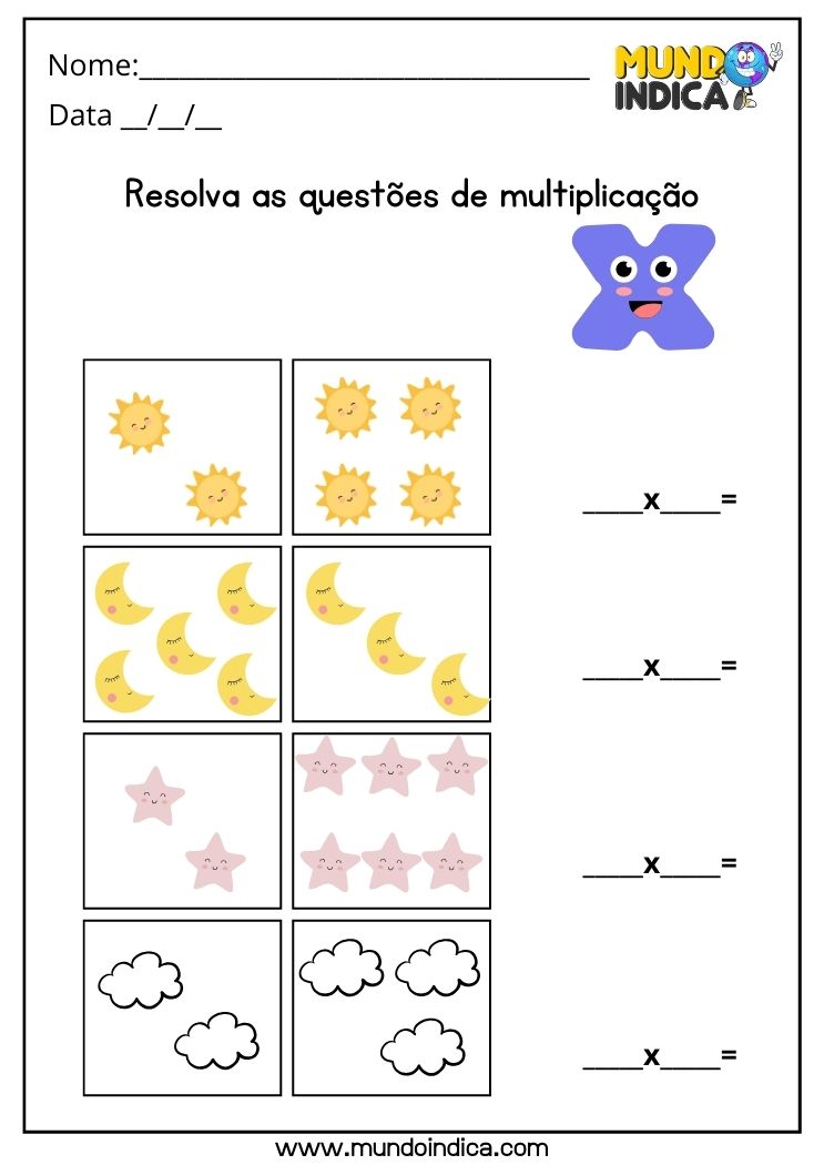 Atividade de matemática com questões de multiplicação para alunos com autismo para imprimir