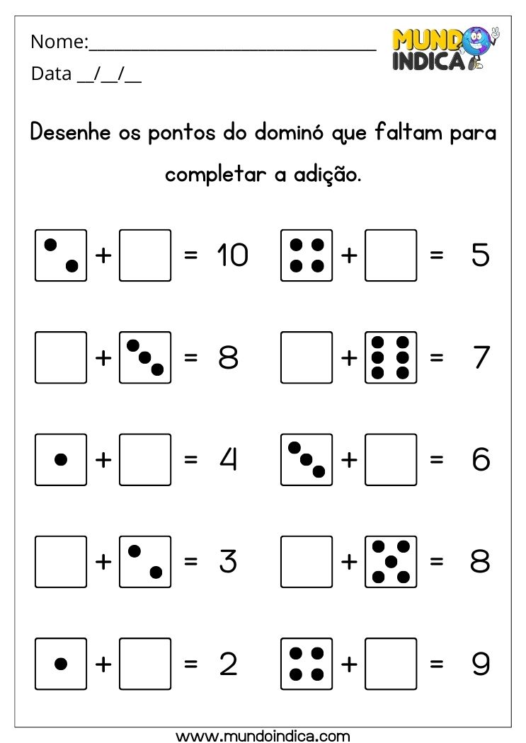 Atividade de matemática de adição com dominó para alunos com autismo para imprimir
