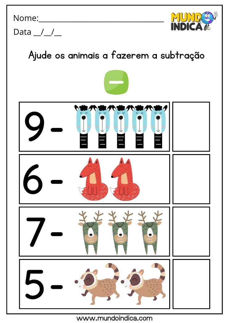 Atividade de matemática de subtração com animais para alunos com autismo para imprimir