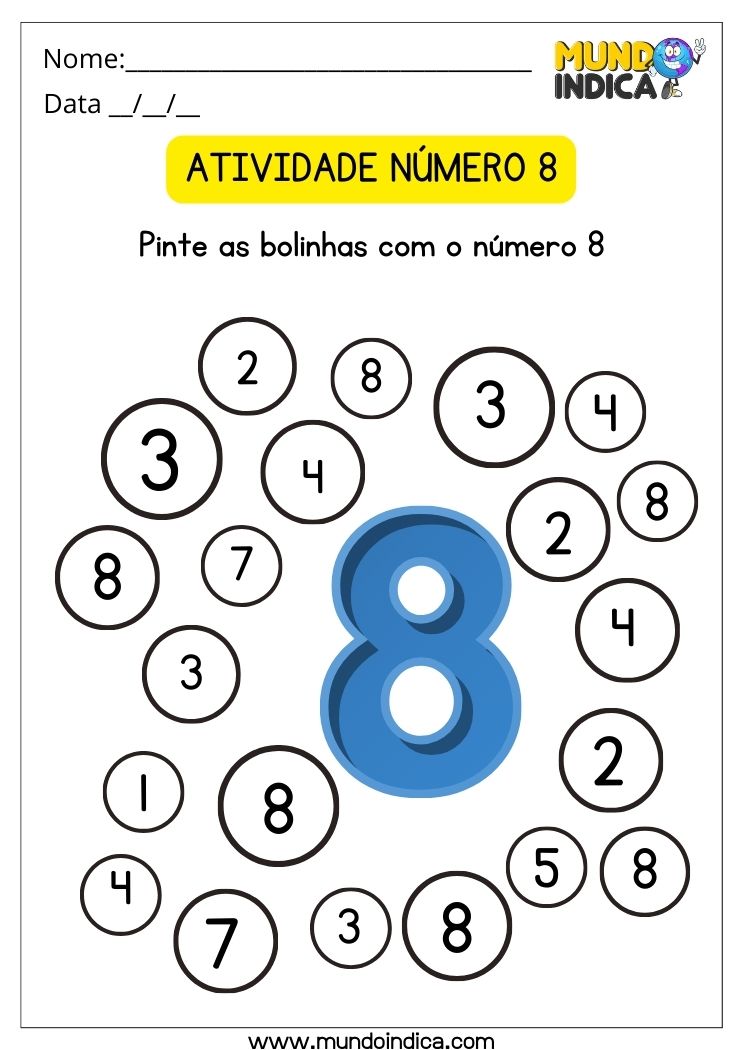 Atividade de matemática para pintar as bolinhas com o número 8 para alunos com autismo para imprimir