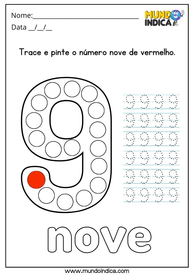 Atividade de matemática para traçar e pintar o número 9 de vermelho para alunos com autismo para imprimir