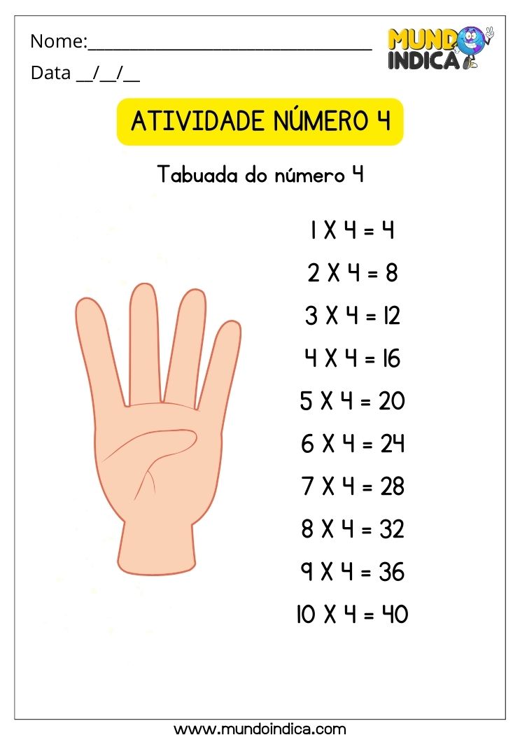 Atividade de matemática tabuada divertida do número 4 para alunos com autismo para imprimir